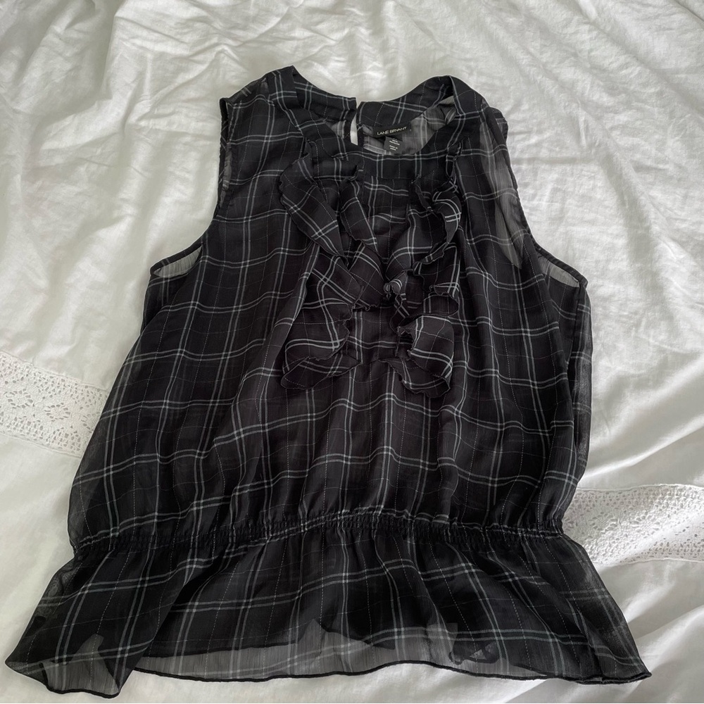 Sleeveless Black Plaid Ruffle Blouse